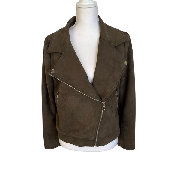 Apperloth A Moto Jacket Women's Size Large L Olive Green Faux Suede Zippers Soft - Picture 1 of 10